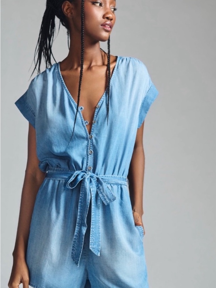 Cloth & Stone Chambray Tie Waist Romper | Anthropologie | Size S